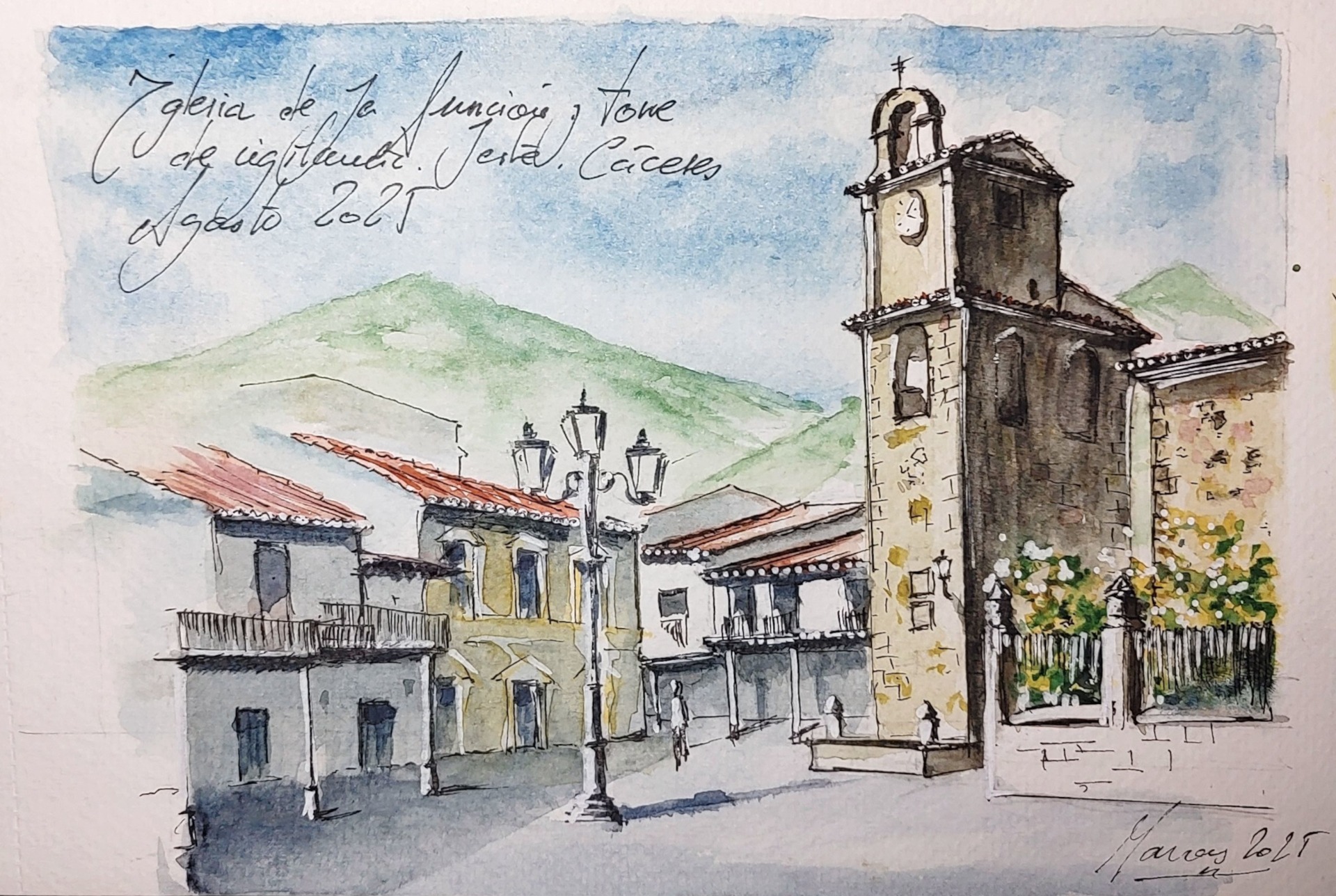 Plaza de la Independencia. Jerte (Cáceres). Dibujo urbano en acuarela