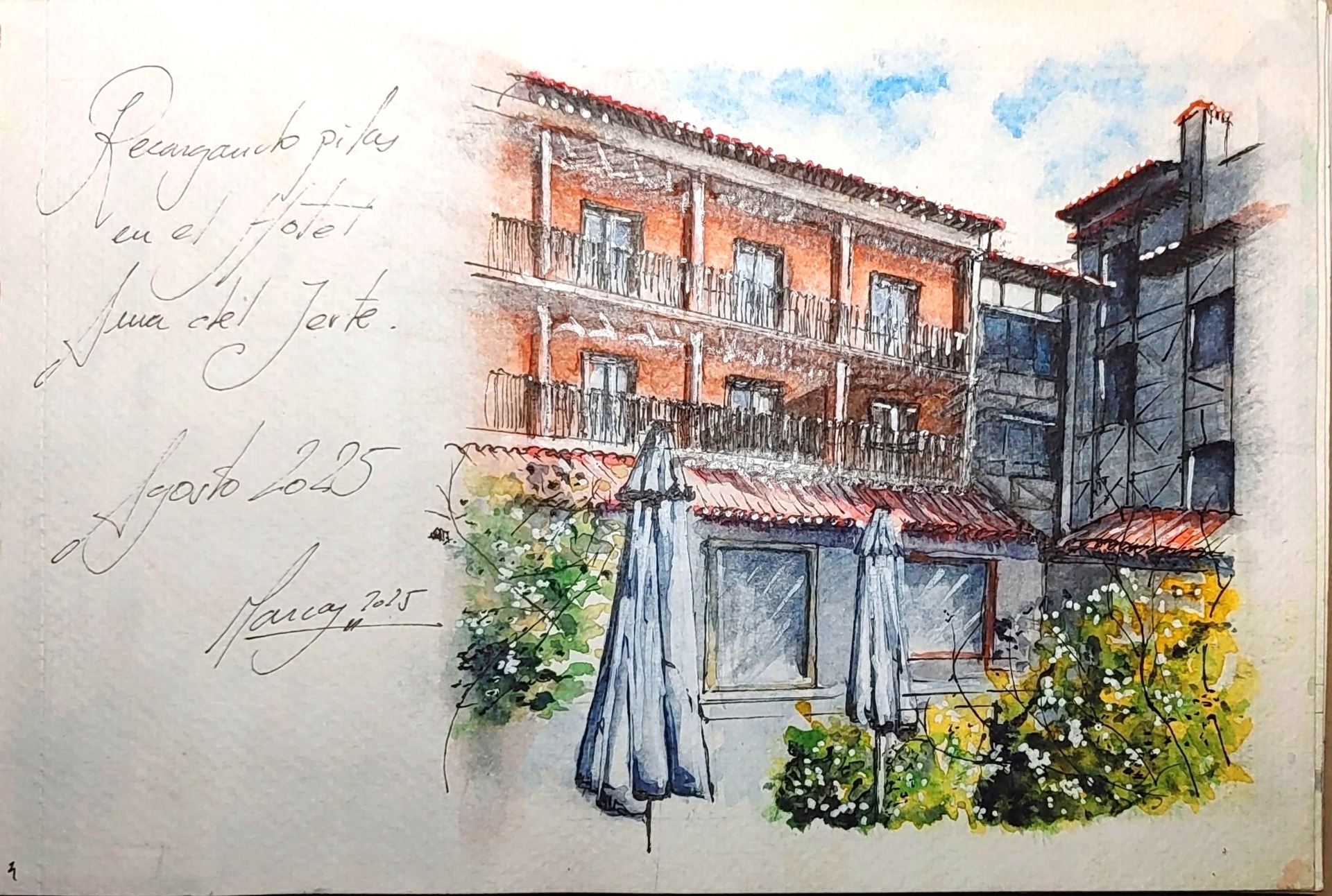 Patio del Hotel Aura del Jerte, sketch en cuaderno de viaje